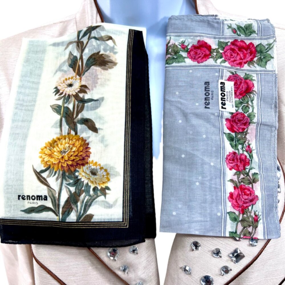 New Set of 2 RENOMA Paris Handkerchief , coton 17" Gray Beige Pink  Floral (35)